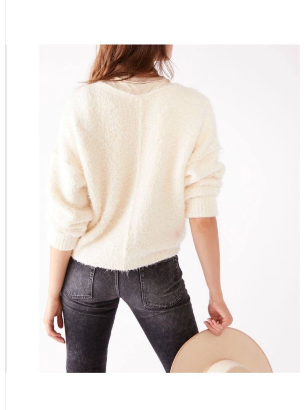 Free People Icing Fuzzy Knit Pullover Sweater Large Ivory V-Neck Oversized - Picture 3 of 15
